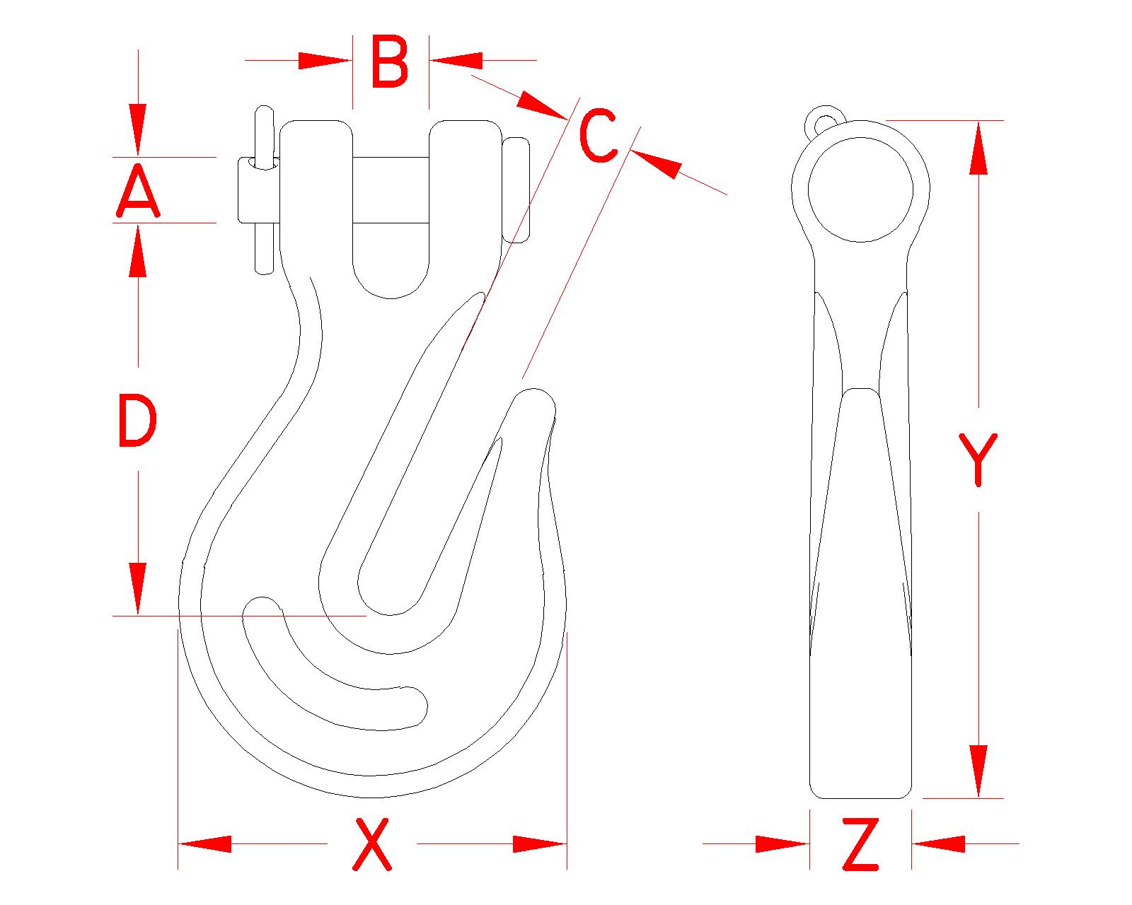 Stainless Steel Clevis Grab Hook, Forged, Load Rated, S0451-0007, S0451-0008, S0451-0010, S0451-0013, Line Drawing